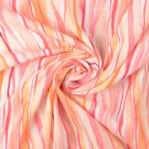 Luftiger Musselin Stoff gestreift in Pink und Gelb auf Ecru, weich fallende Double Gauze Webware aus Baumwolle f&uuml;r Sommerprojekte.
