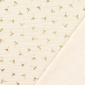 Musselin Stoff in ecru mit gold glänzenden Pusteblumen-Foliendruck um Baby-, Kinder- und Damenbekleidung zu nähen