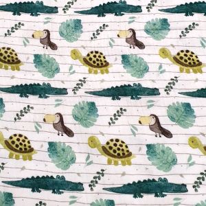Musselin Stoff weiss, Double Gauze, 100% Baumwolle, Grüntöne, Krokodil, Schildkröte, Tukane, Blätter. Perfekt für Baby- & Kinderbekleidung: Nuscheli, Hemd.