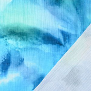 Detailansicht Musselin Batik-Design in t&uuml;rkis & blau, 100% Baumwolle, strukturierte Double Gauze Oberfl&auml;che f&uuml;r Sommerkleidung.