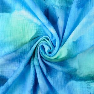 Drapierter Musselin Stoff t&uuml;rkis & blau batik-optik, weich fliessende Double Gauze Baumwoll-Webware mit modernem Digitaldruck.