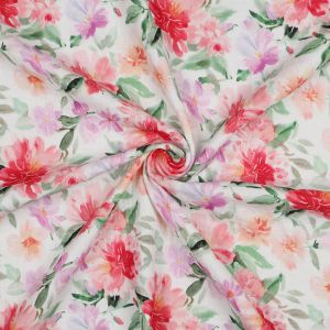 Sommerlicher Musselin Stoff in offwhite mit Blumen in rot, lachs und grün für Deine Nähprojekte!