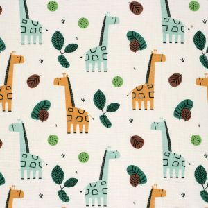 Musteransicht des wollweissen Musselin Stoffes mit bunten Giraffen und Bl&auml;ttern in Ocker, Mint und Gr&uuml;n. Ideal f&uuml;r Spuckt&uuml;cher und Kinderkleidung.