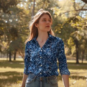 Popeline Stoff mit Blumen und Zweigenmuster in blau aus 100% Baumwolle um Blusen, Kleider, Taschen für Damen & Mädchen zu nähen