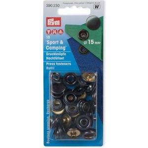 Prym Sport & Camping Druckknopf-Nachf&uuml;llset (Art. 390230) mit 10 br&uuml;nierten Druckkn&ouml;pfen &agrave; 15mm Durchmesser in der Originalverpackung.