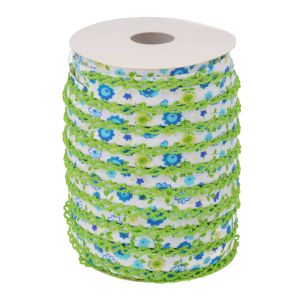 Schrägband mit Spitzenkante in grün und Blumenmuster in blau