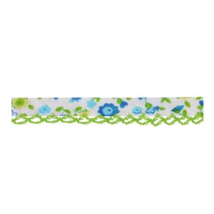 Schrägband mit Spitzenkante in grün und Blumenmuster in blau
