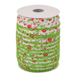 Schrägband mit Spitzenkante in grün und Blumenmuster in rosa