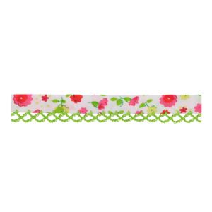 Schrägband mit Spitzenkante in grün und Blumenmuster in rosa