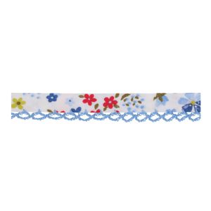 Schrägband mit Spitzenkante in hellblau und Blumenmuster in hellblau