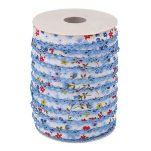 Schrägband mit Spitzenkante in hellblau und Blumenmuster in hellblau