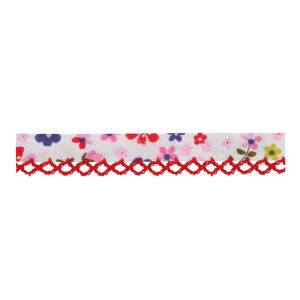 Schrägband mit Spitzenkante in rot und Blumenmuster in rosa