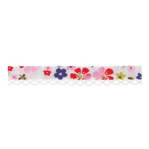 Schrägband mit Spitzenkante in weiss und Blumenmuster in rosa