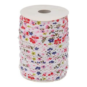 Schrägband mit Spitzenkante in weiss und Blumenmuster in rosa