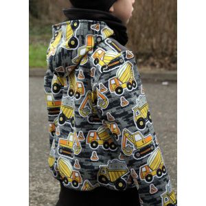 Softshell Stoff mit Bagger, Lastwagen und Betonmischer Muster zum Jacken für Jungs nähen