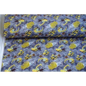 Softshell Stoff mit gelben Baustellen-Baggern und Lastwagen auf grauem, meliertem Grund. Ideal für Matschhosen, wasserabweisende Jacken.