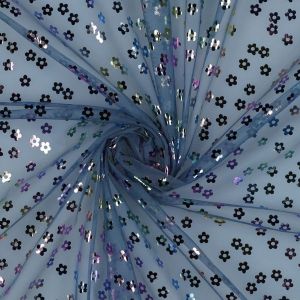 Softtüll mit glänzenden Blumen in jeansblau