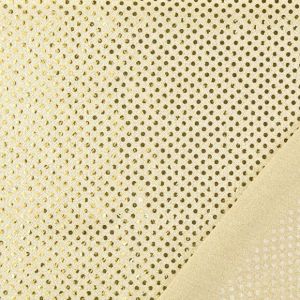Rückseite des goldfarbigen Pailletten-Tülls. Zeigt die Lurex-Fäden und die halbtransparente Netzstruktur. Beweis für die gute Qualität.