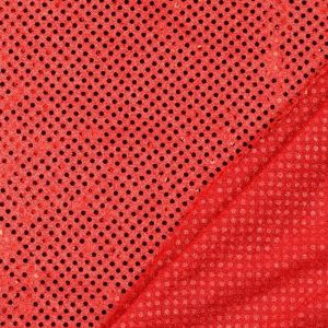 Rückseite des roten Pailletten-Tülls. Zeigt die Lurex-Fäden und die halbtransparente Netzstruktur. Beweis für die gute Qualität.