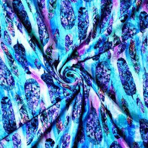Bielastischer Velvet Samt-Lycra Federn Regenbogen drapiert: Blickdichter Stretch-Stoff (240g/m&sup2;) f&uuml;r glanzvolle K&uuml;rkleider oder Alltags-Leggings.