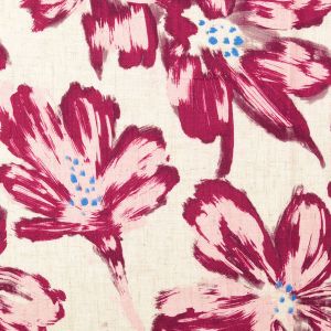 Detailansicht Viskose-Leinen Stoff Ecru: Floraler Druck mit Blumen in Rosa und Amaranth, weich fliessendes Material f&uuml;r sommerliche Bekleidung.