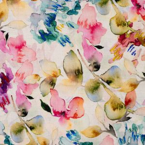 Detailansicht der strukturierten Webware mit pink-t&uuml;rkisem Blumenmuster f&uuml;r sommerliche N&auml;hprojekte.