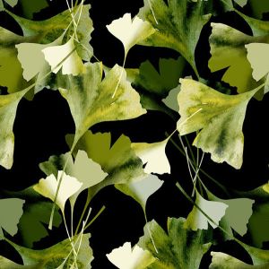 Edler Modal-Jersey Stoff (Viskose) in Schwarz mit grossen, gr&uuml;nen Ginkgo-Bl&auml;ttern: Fliessender Digitaldruck (210g/m&sup2;) f&uuml;r elegante Sommerkleider.