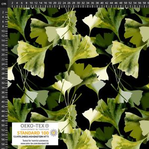 Ginkgo-Modaljersey in Gr&uuml;n-Schwarz mit Massstab: Hochwertige Viskose-Meterware mit riesigen, bis zu 20cm grossen Bl&auml;ttern f&uuml;r feine Damenmode.