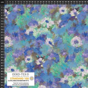 Impressionistischer Blumen-Modaljersey mit Massstab: Schadstoffgepr&uuml;fte Meterware (Oeko-Tex 100) mit ca. 3cm kleinen Bl&uuml;ten in T&uuml;rkis und Blau.