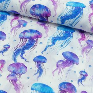 Hochwertige weisse Webware aus 100% Viskose mit buntem Meeresmotiv für sommerliche Blusen und Kleider.