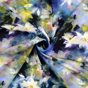 Viskose Stoff mit Blumen in impressionistischem Stil in blau zum Sommerkleider, Hosen, Blusen nähen