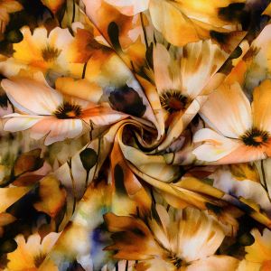 Schneckenf&ouml;rmig drapierter Viskose Modal Stoff mit Margeriten auf terrafarbigem Hintergrund. Zeigt elegantes Blumenmuster und feine Struktur.