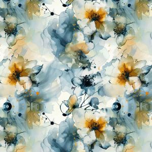 Viskosejersey Aquarell Blumen blau & ocker