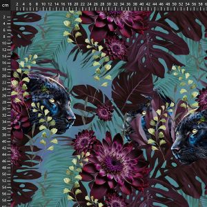 Viskosejersey Stoff in Ecovero-Qualität mit grossem Panthermuster und Blumen in Petrol, ideal für fliessende Damenmode und Jerseykleider.