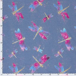 Digitaldruck-Wintersweat Jeansblau mit Massstab. Libellen-Motiv auf 280 g/m&sup2; schwerem Baumwoll-Mix f&uuml;r Kinder- & Erwachsenenkleidung.