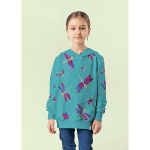 Mädchen im genähten Hoodie aus türkisgrünem Wintersweat mit Libellen. Warme Kinderbekleidung aus Oeko-Tex 100 zertifiziertem Sweat.
