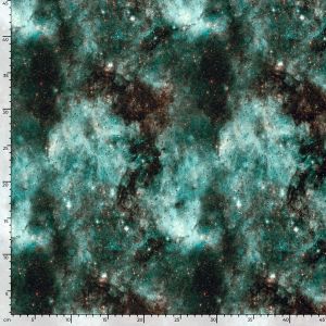 Weltall Musterung des Wintersweat Stoffs in Petrol und Jeansblau im Digitaldruck. Stoff liegt glatt mit cm-Massstab zur Grössendarstellung.