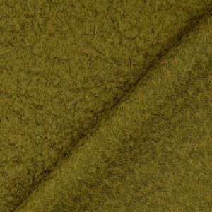 Woll-Bouclé Stoff in der Farbe olivgrün, mit Ansicht der strukturierten Vorderseite und der gleichfarbigen, glatteren Rückseite.