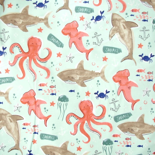 French Terry Stoff mit Hai und Tintenfisch Spitzentraum
